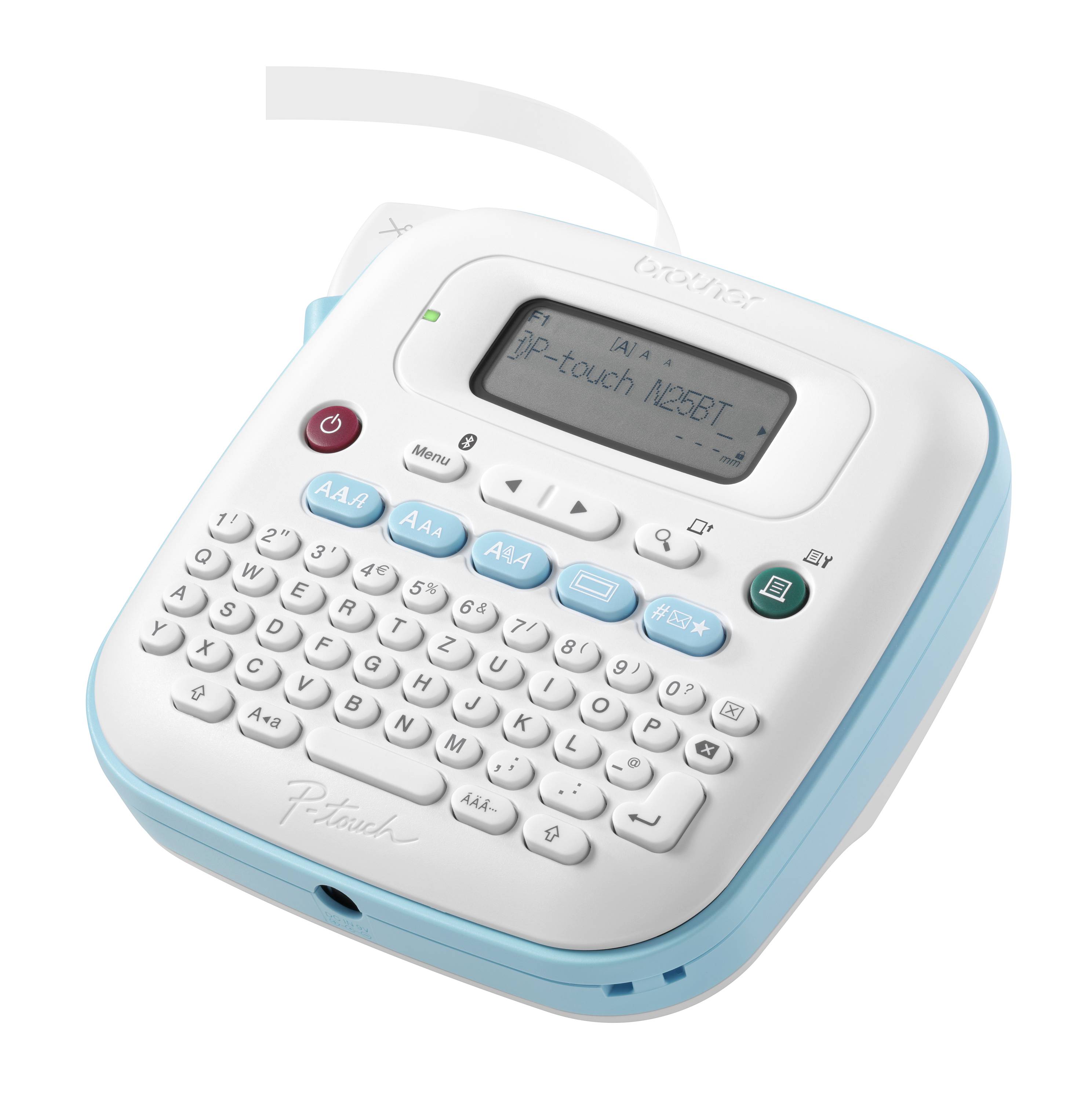 Een draagbaar labelapparaat met een QWERTZ-toetsenbord en display toont 'P-touch 12.5B'.