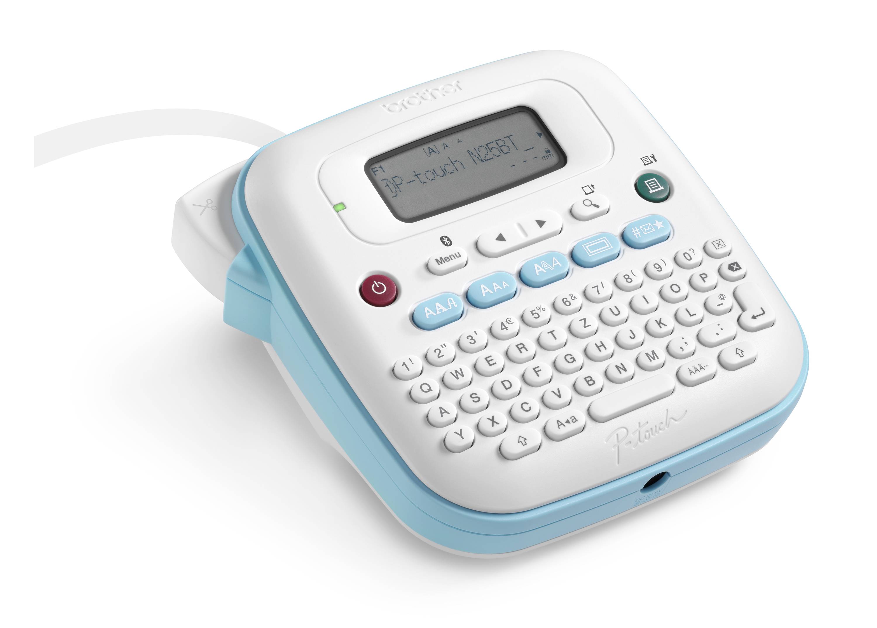 Label printer met toetsenbord en display, toont tekst 'ABC'. Wit met blauwe rand, biedt talrijke functieopties.