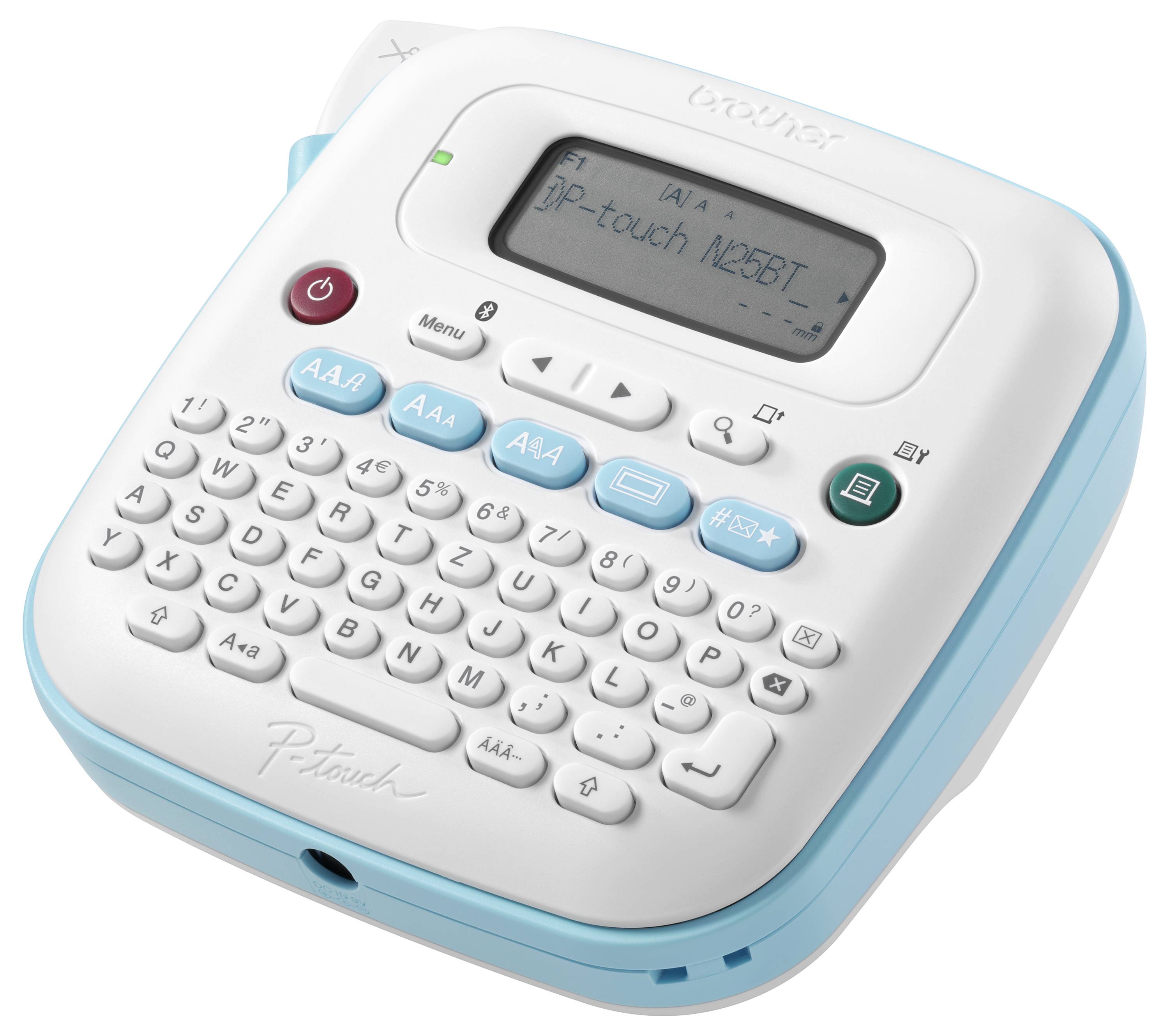 Een draagbaar labelapparaat met een QWERTZ-toetsenbord en display toont 'P-touch M25BT' op het scherm.