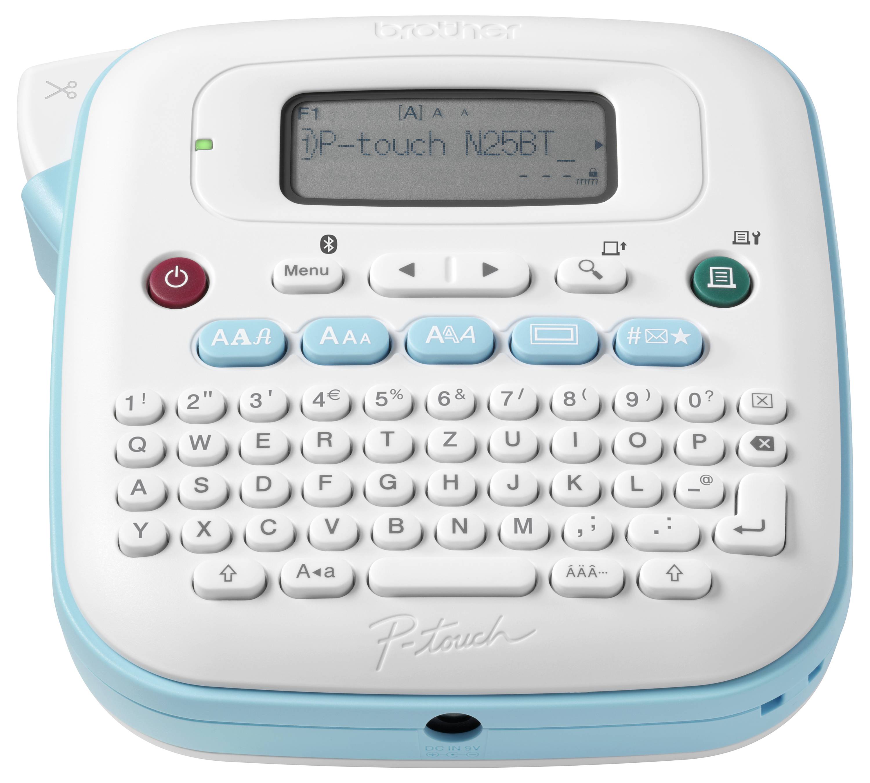 Elektronisch etiketteerapparaat met lcd-scherm, toetsenbord en knoppen voor letterformaten. Hoofdkleur wit met blauwe accenten.