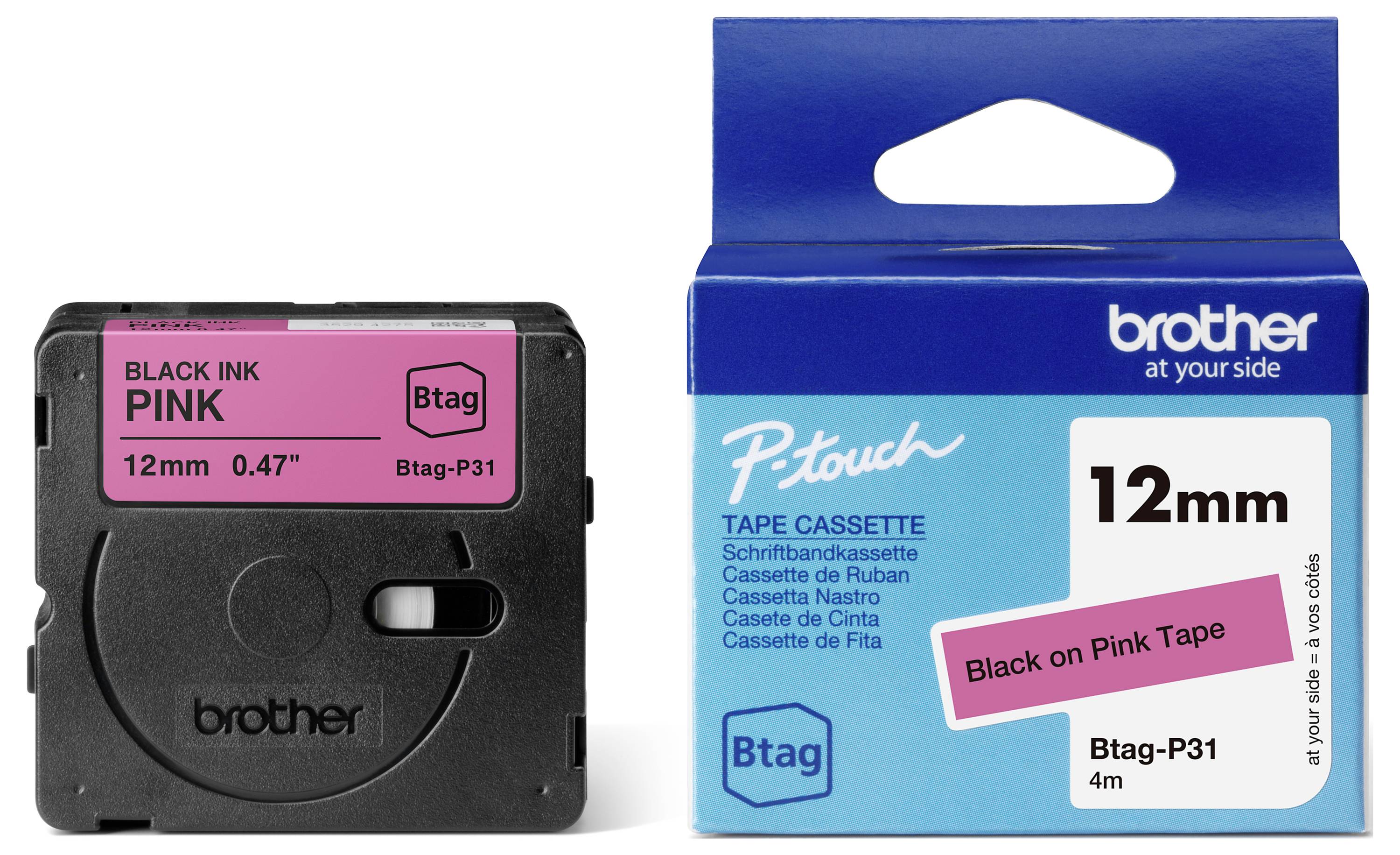 'Brother' labelprinter-cassette, 12 mm, zwart op roze lint, model 'Btag-P31', verpakking en cassette afgebeeld.