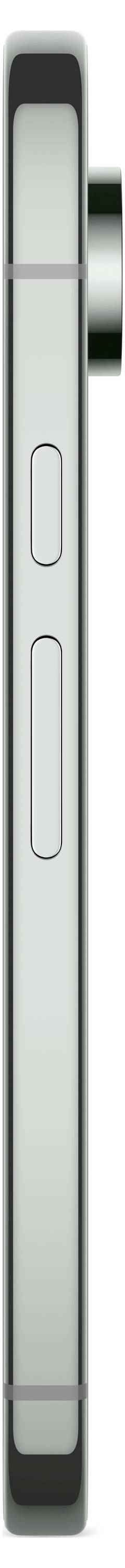 Zijaanzicht van een modern smartphone in zilver met twee zijknoppen en een uitstekende cameralens.