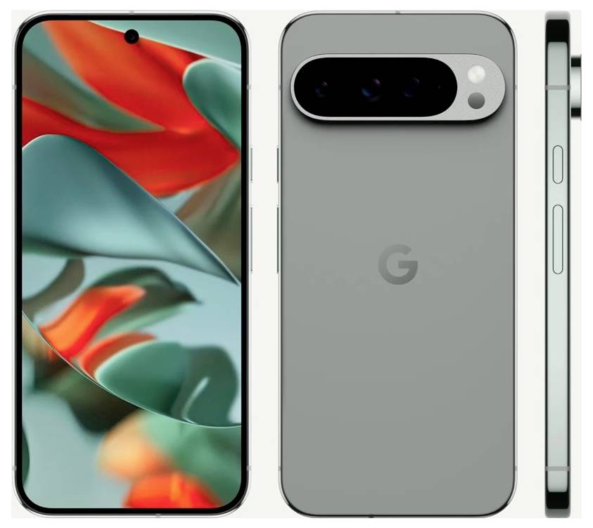 Smartphone met groot display, camermodule en zijaanzicht. Grijs behuizing met 'G'-logo aan de achterkant.