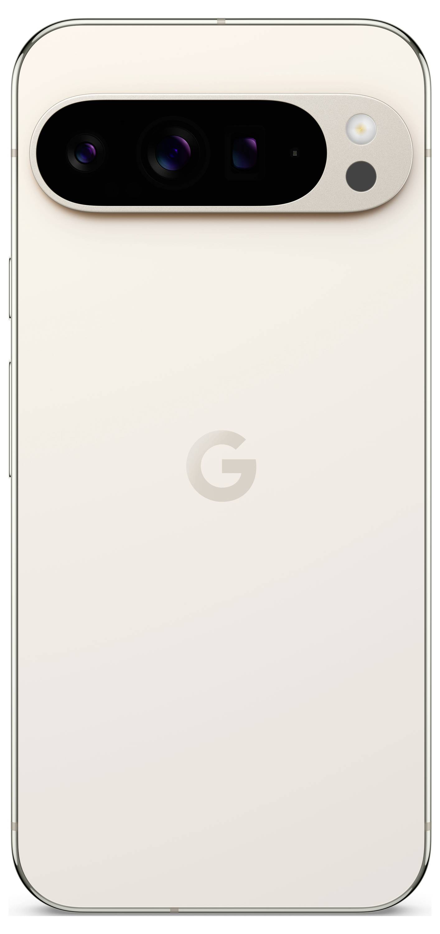 Achterkant van een modern smartphone in het wit met een camerabalk bovenaan. Het logo 'G' is zichtbaar in het midden.