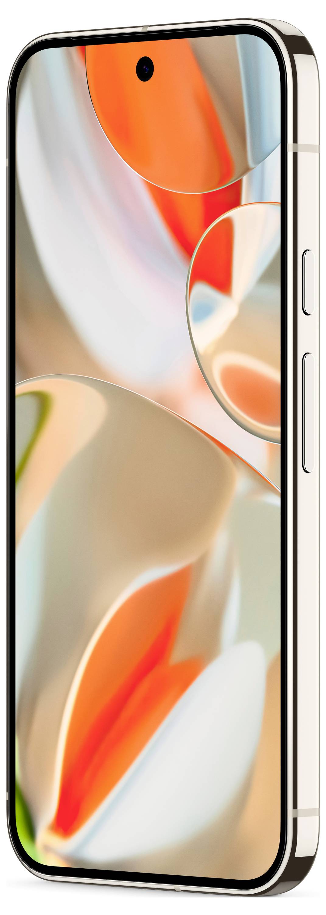 Smartphone in zilver met een groot scherm. De afgeronde hoeken en het slanke ontwerp benadrukken de moderne esthetiek van het apparaat.