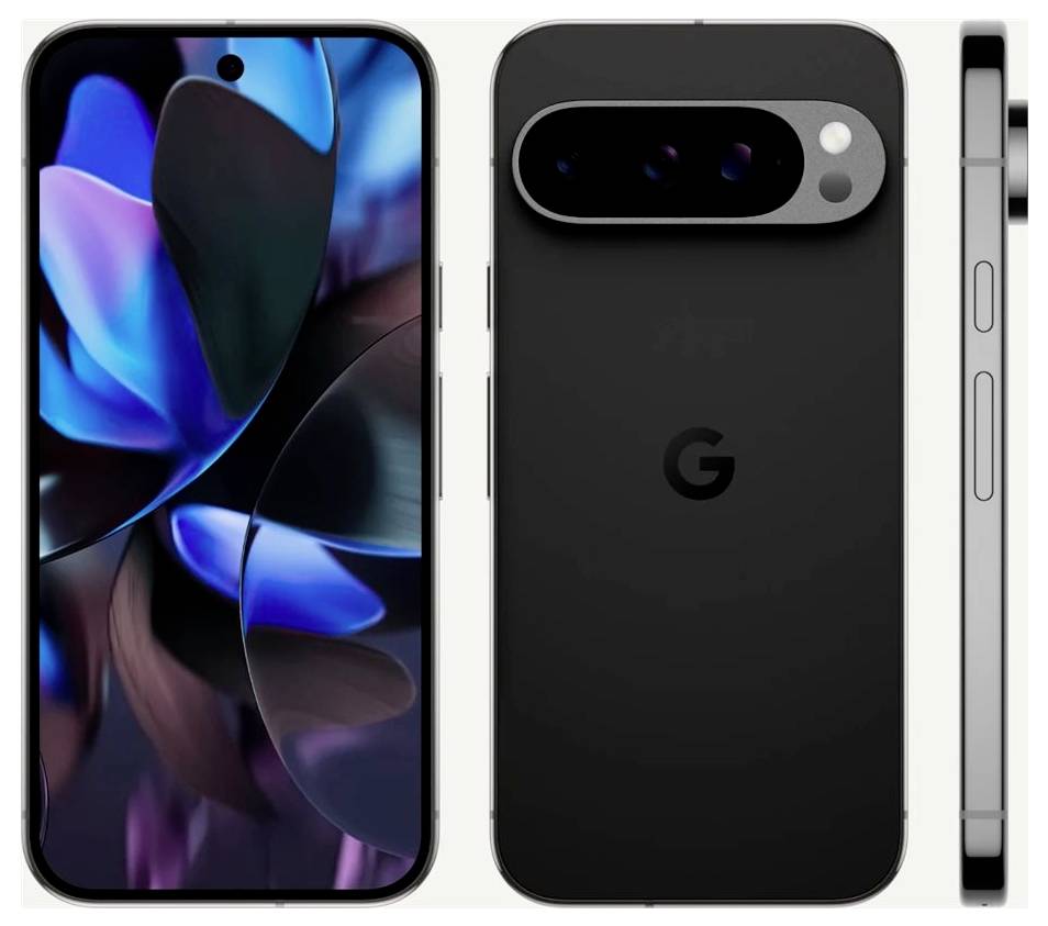 Een zwarte smartphone getoond van voren, achteren en aan de zijkant. Op het scherm zijn abstracte blauwe en paarse patronen te zien. De achterkant toont een 'G'-logo en een camera-eenheid bovenaan.