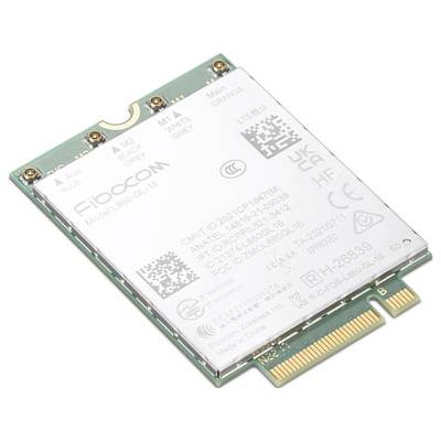 Een groene PC-kaart met een metalen module en gouden contactpinnen. Tekst op de module toont 'Fibocom' en technische specificaties.