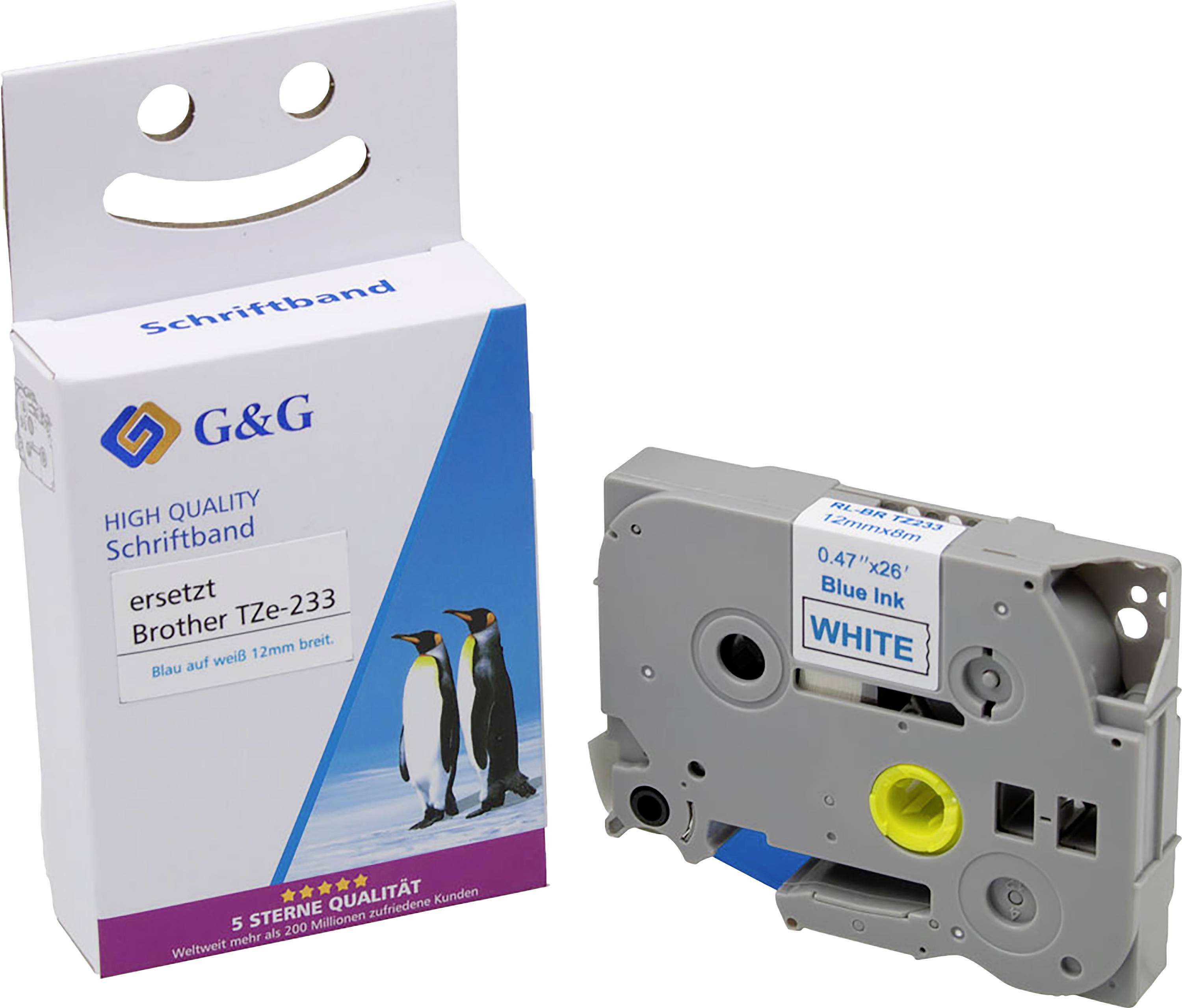 G&G BB-B-G-233 Compatibel vervangt Brother TZe-233 Tapekleur: Wit Tekstkleur: Blauw 12 mm 8 m