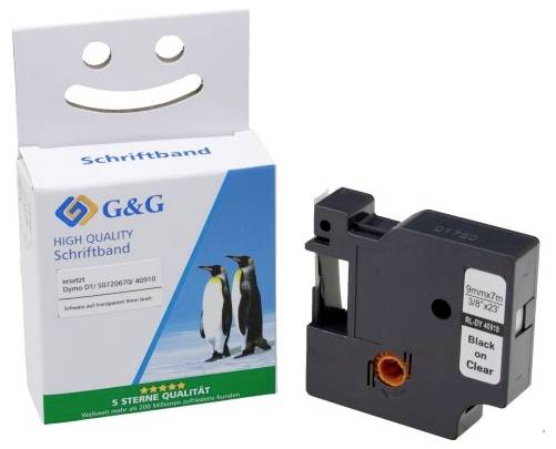 'G&G Schriftband' verpakking naast een zwarte labelcassette. Op de verpakking zijn drie pinguïns afgebeeld.