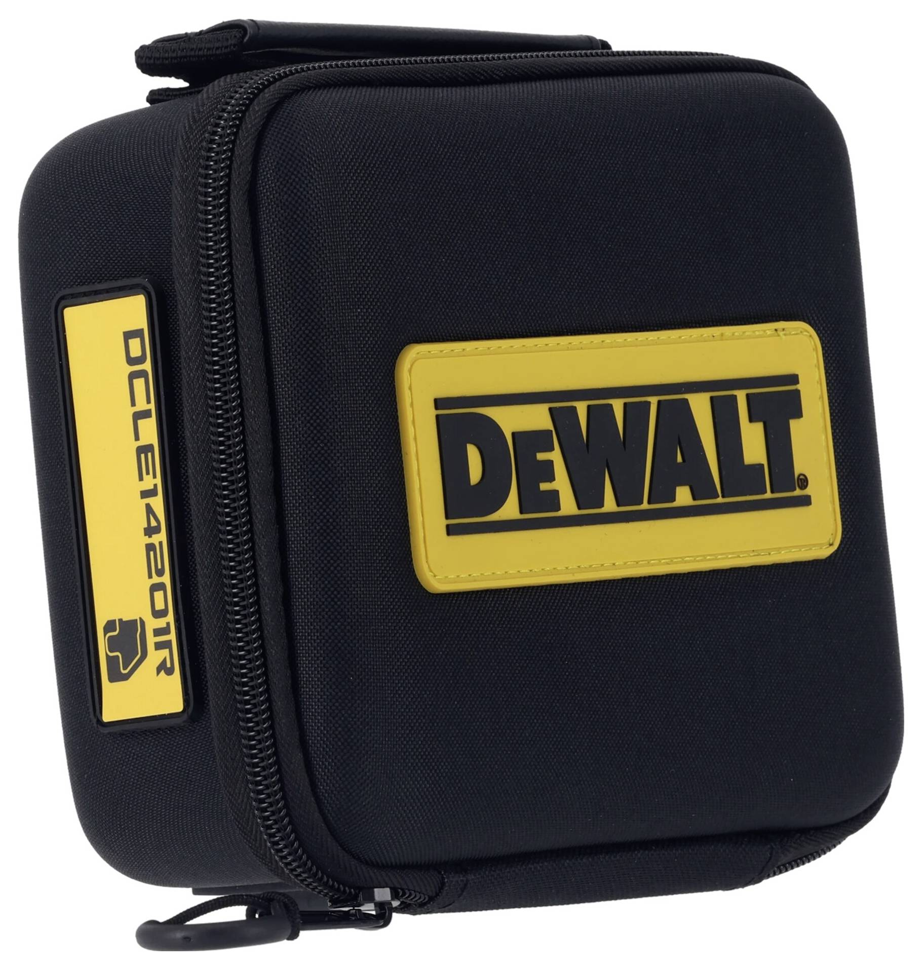 Zwart hardshell etui met geel 'DEWALT'-logo en modelnummer 'DCLE1420IR'. Kan gereedschap of toebehoren bevatten.