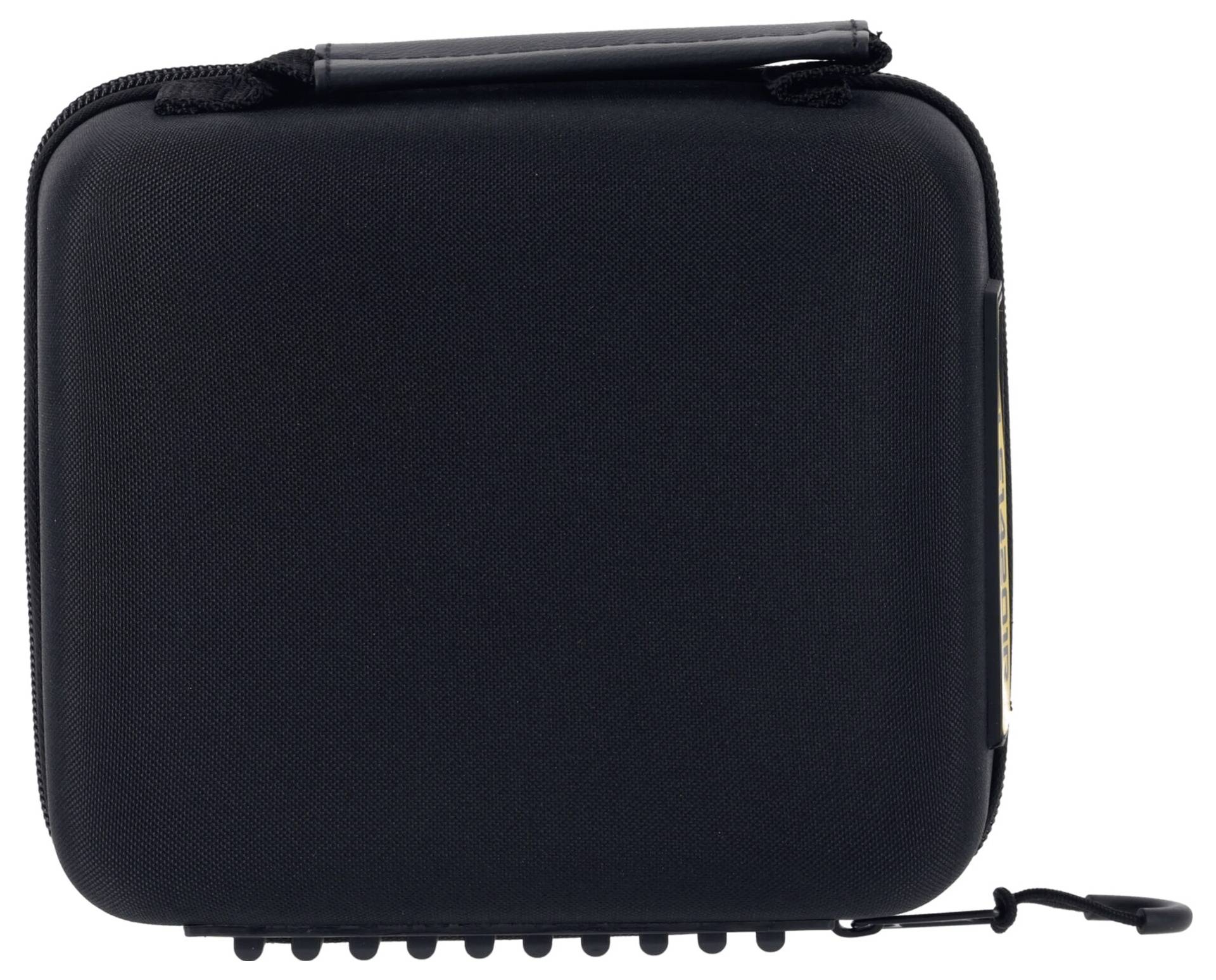 Zwart-grijze, draagbare hardcase koffer met rits en handgreep, geschikt voor het veilig vervoeren van kleine elektronische apparaten.