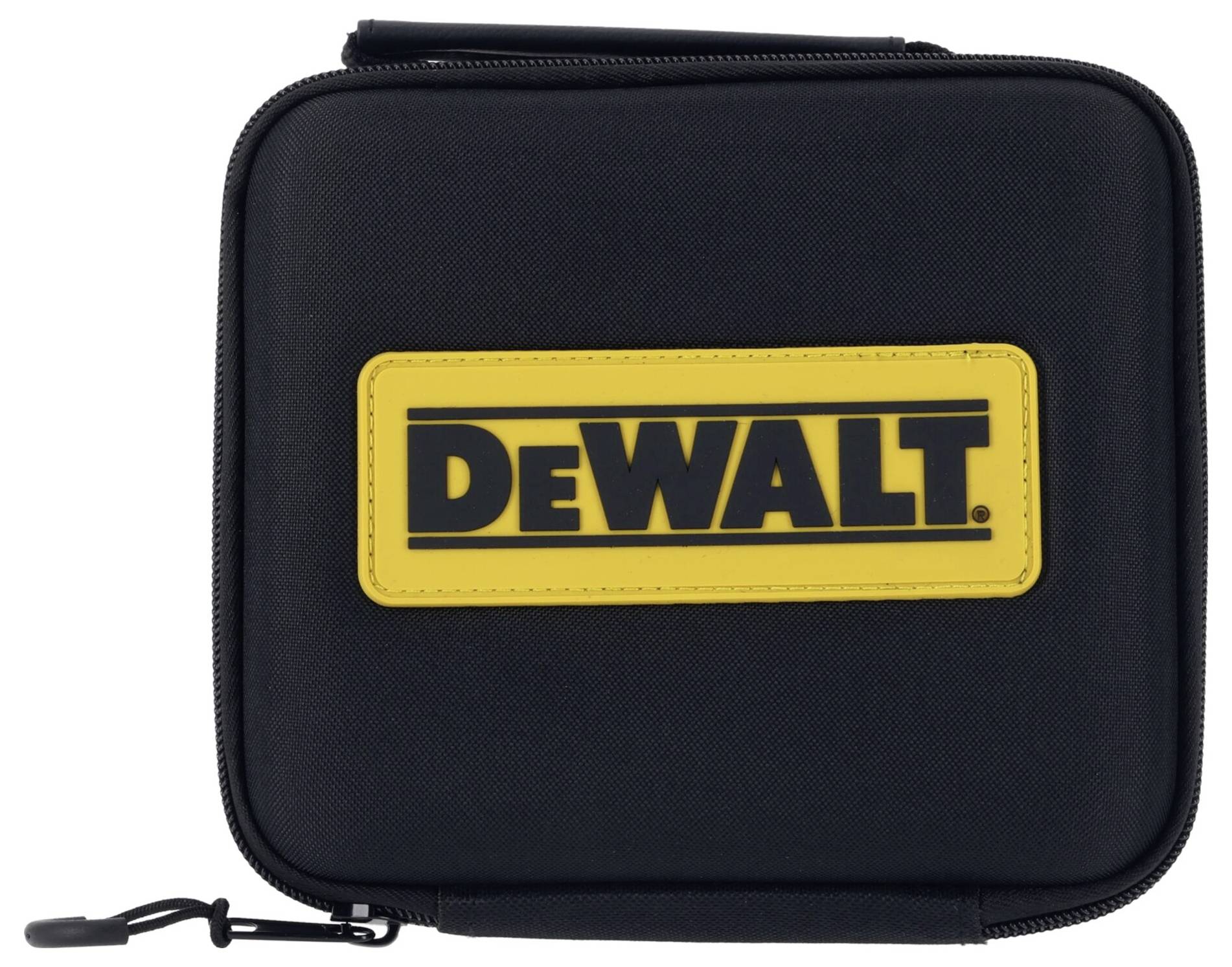 Zwart etui met geel 'DEWALT'-logo aan de voorkant, met een rits onderaan links. Ideaal voor het veilig opbergen van gereedschappen of toebehoren.