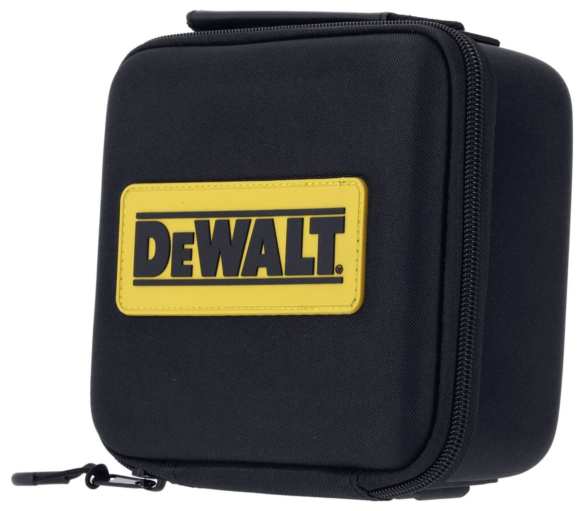 Zwart, vierkant etui met rits en geel 'DEWALT'-logo op de voorkant, geschikt voor het opbergen van gereedschappen.
