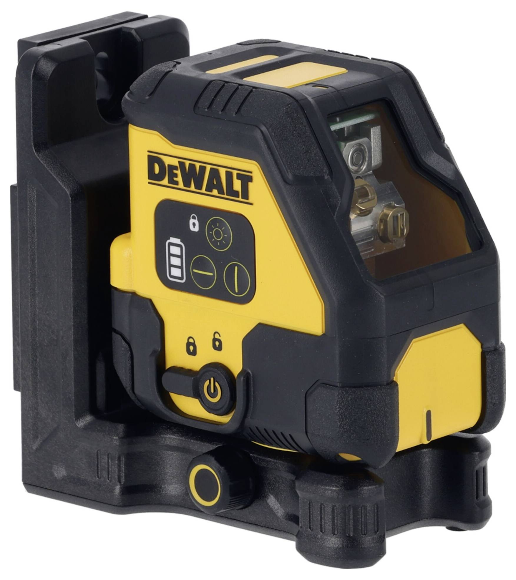Een geel en zwart DeWalt-laserwerktuig, gemonteerd op een voet, toont verschillende controlesymbolen aan de voorkant.
