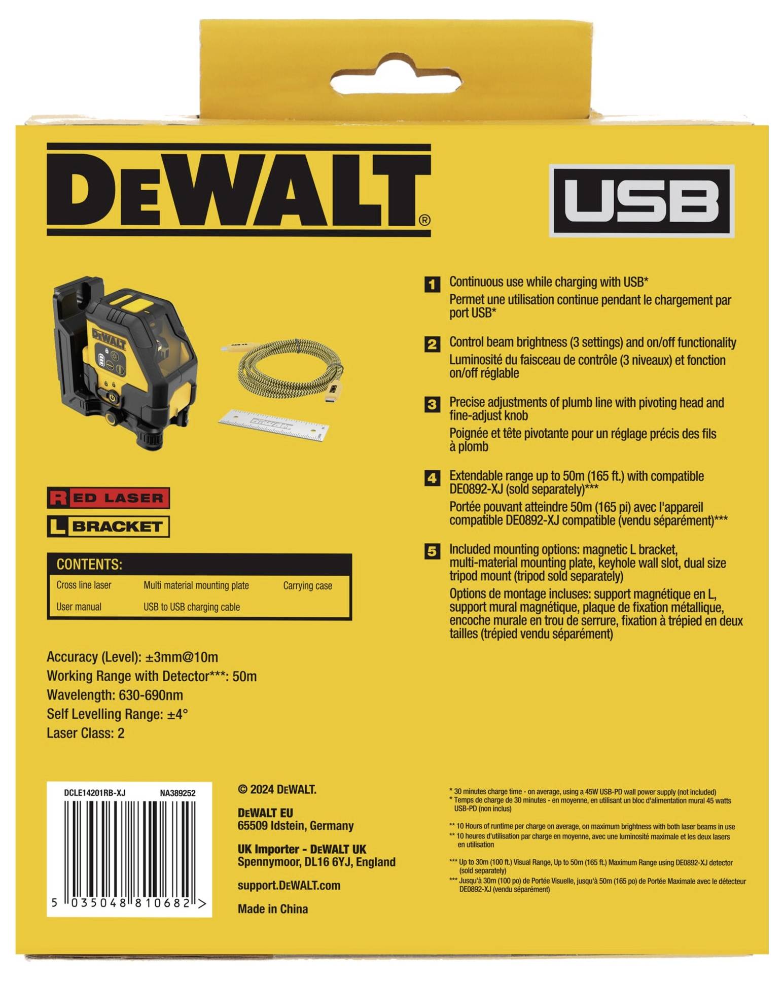 Gele verpakking van een DeWalt-product met zwarte opdruk. De verpakking toont een laserwerktuig met functies en specificaties in het Engels.