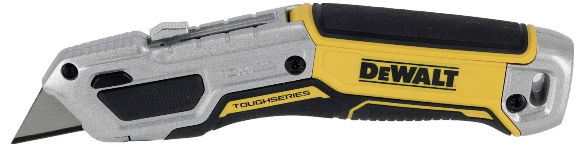 Een geel en zwart universeel mes van het merk DeWalt uit de ToughSeries, met zilveren accenten en een robuuste kling.