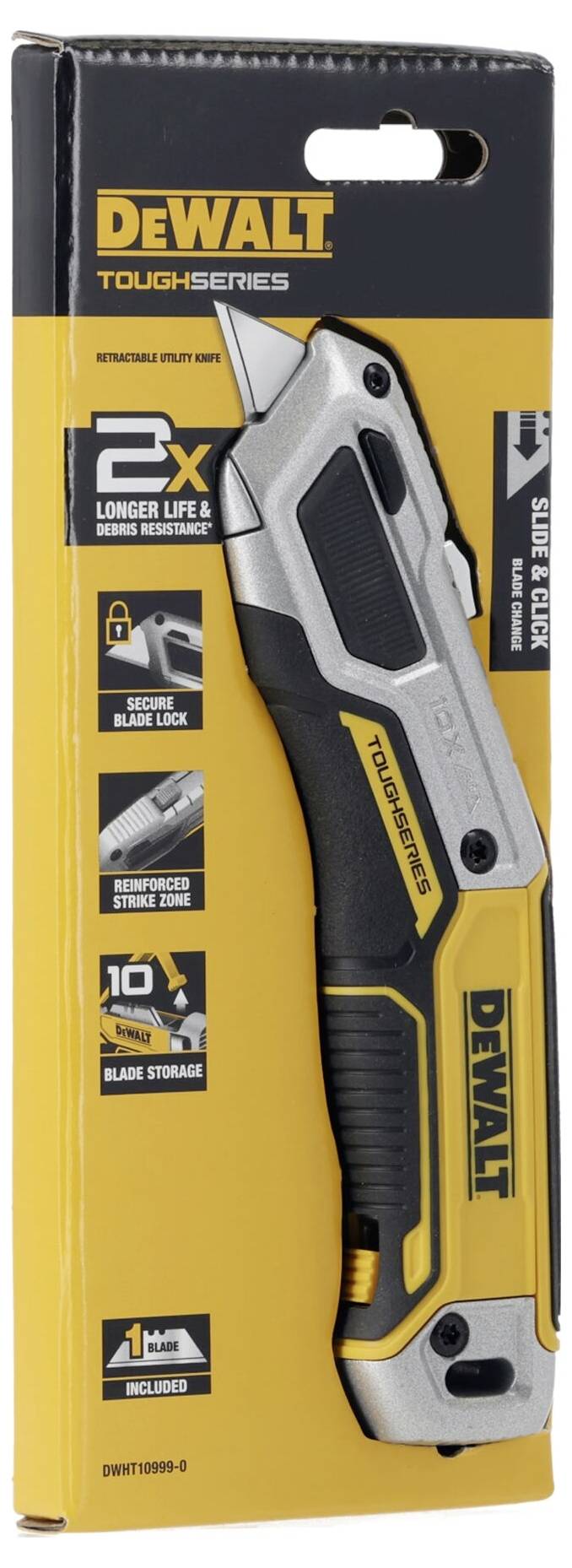 Geel verpakkingsontwerp voor een DEWALT TOUGH SERIES vouwmes. Eigenschappen: 2x langere levensduur, metalen handgreep, geïntegreerde mesopberging.