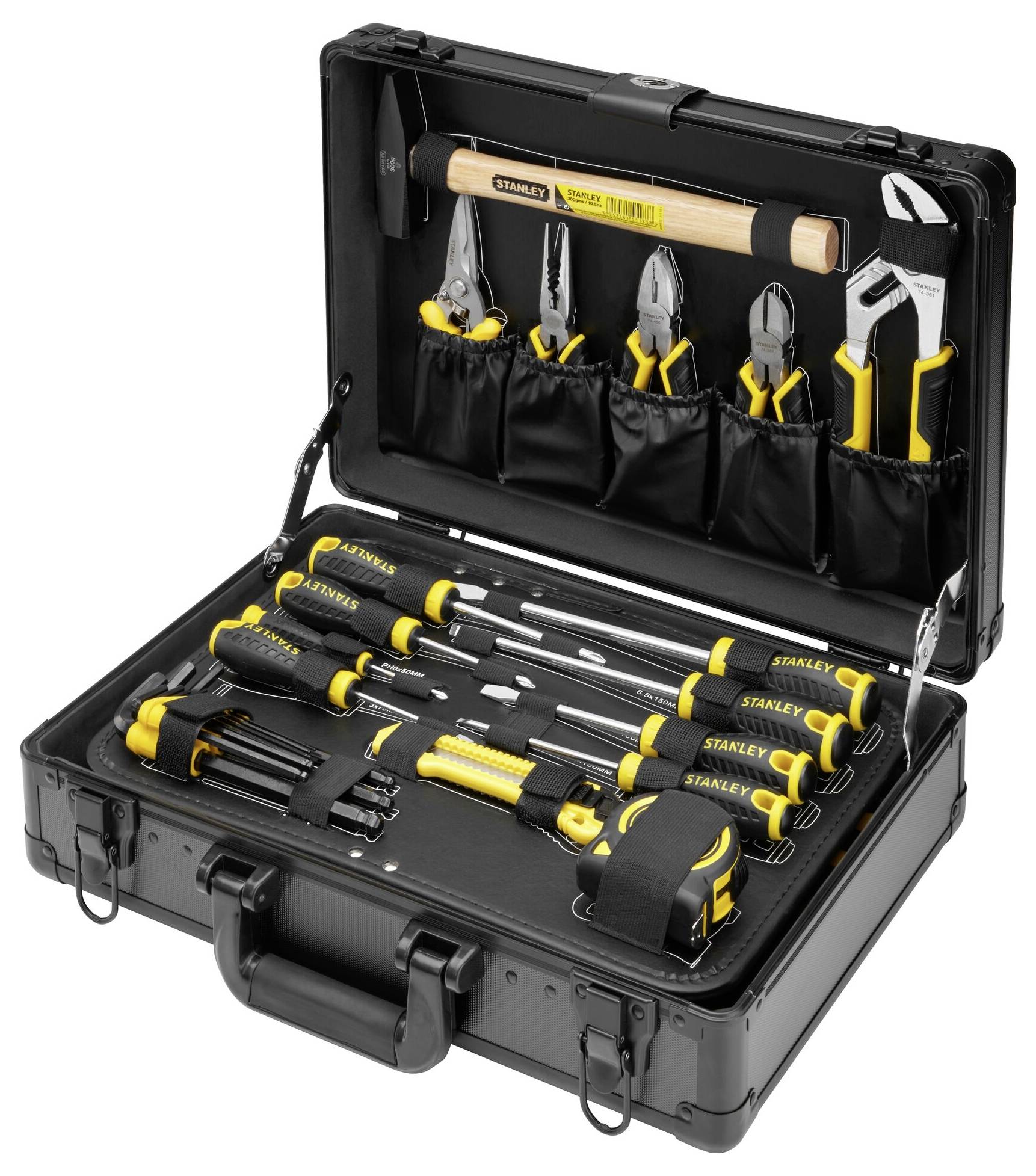 Een geopende gereedschapskoffer met verschillende handgereedschappen, waaronder schroevendraaiers, tang, hamer en inbussleutels.