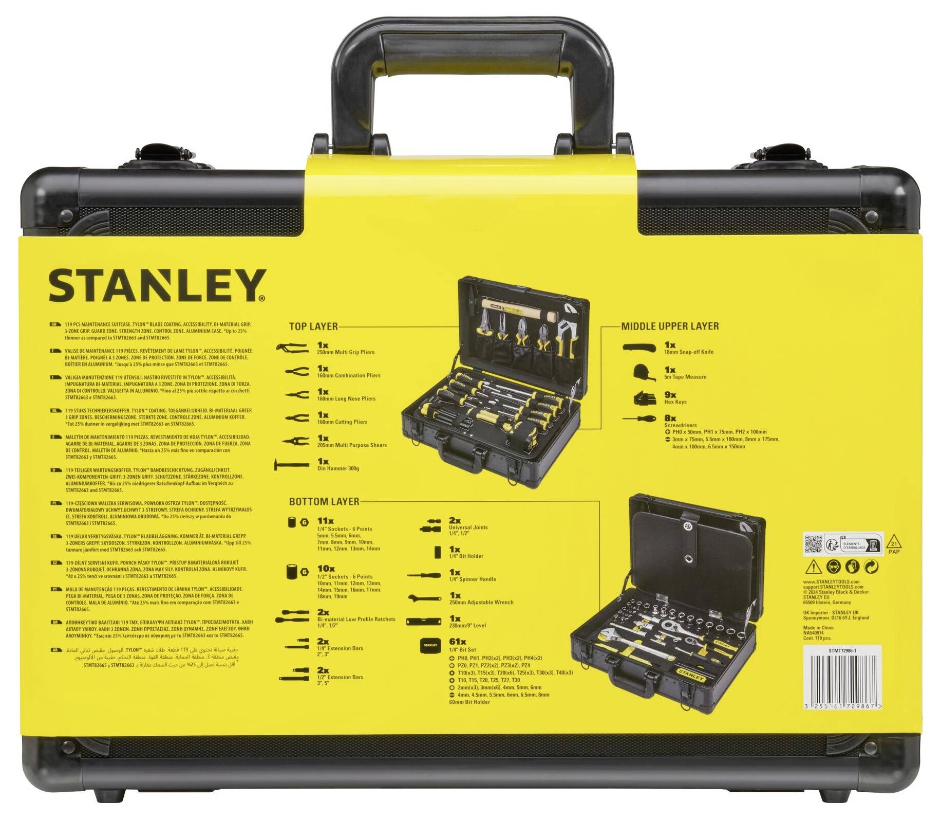 Gele gereedschapskoffer van Stanley met afgebeelde inhoud: Verschillende gereedschappen netjes gerangschikt.