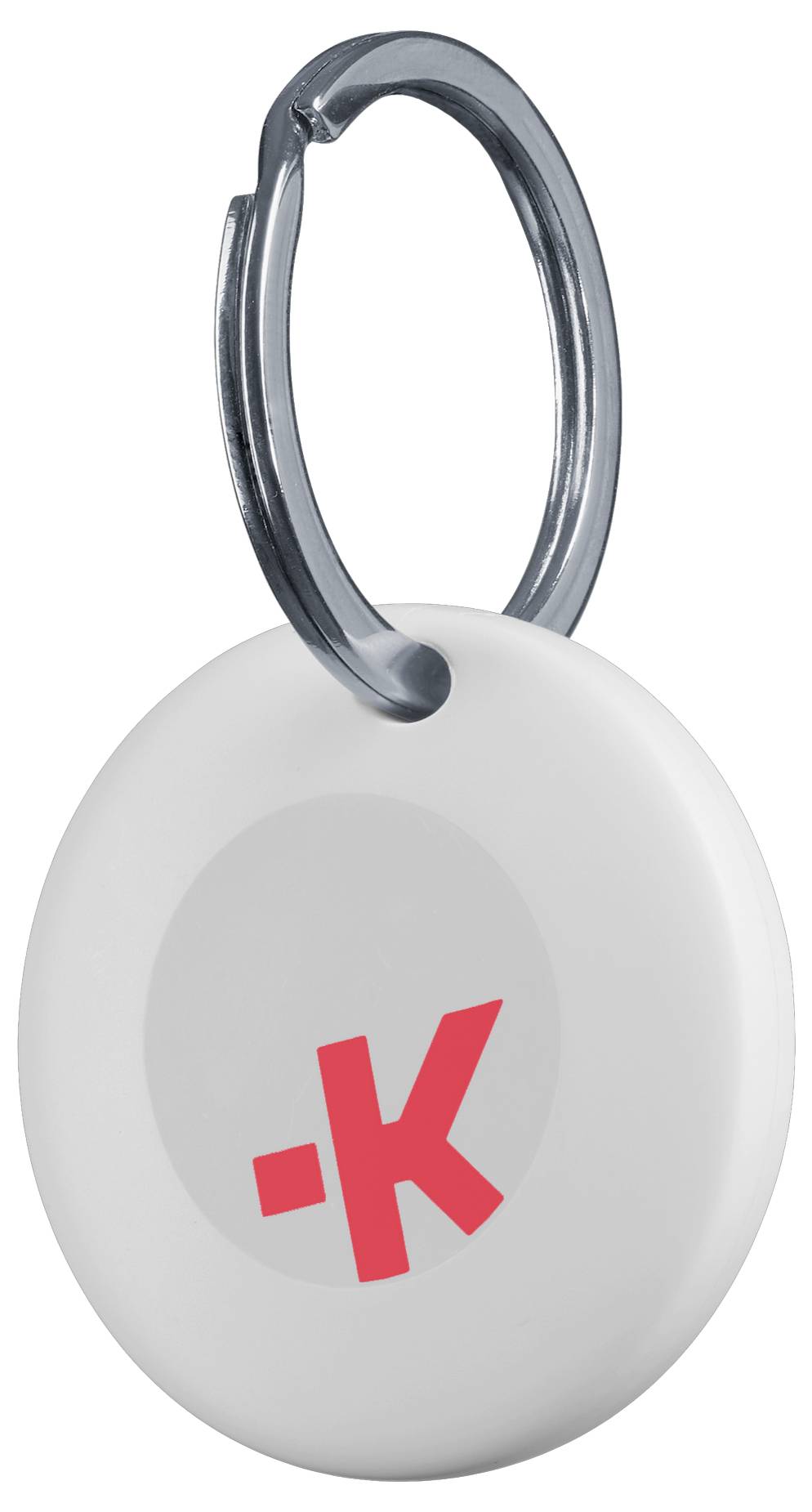 Een ovale sleutelhanger van metaal met een rode '-K' op een witte achtergrond.