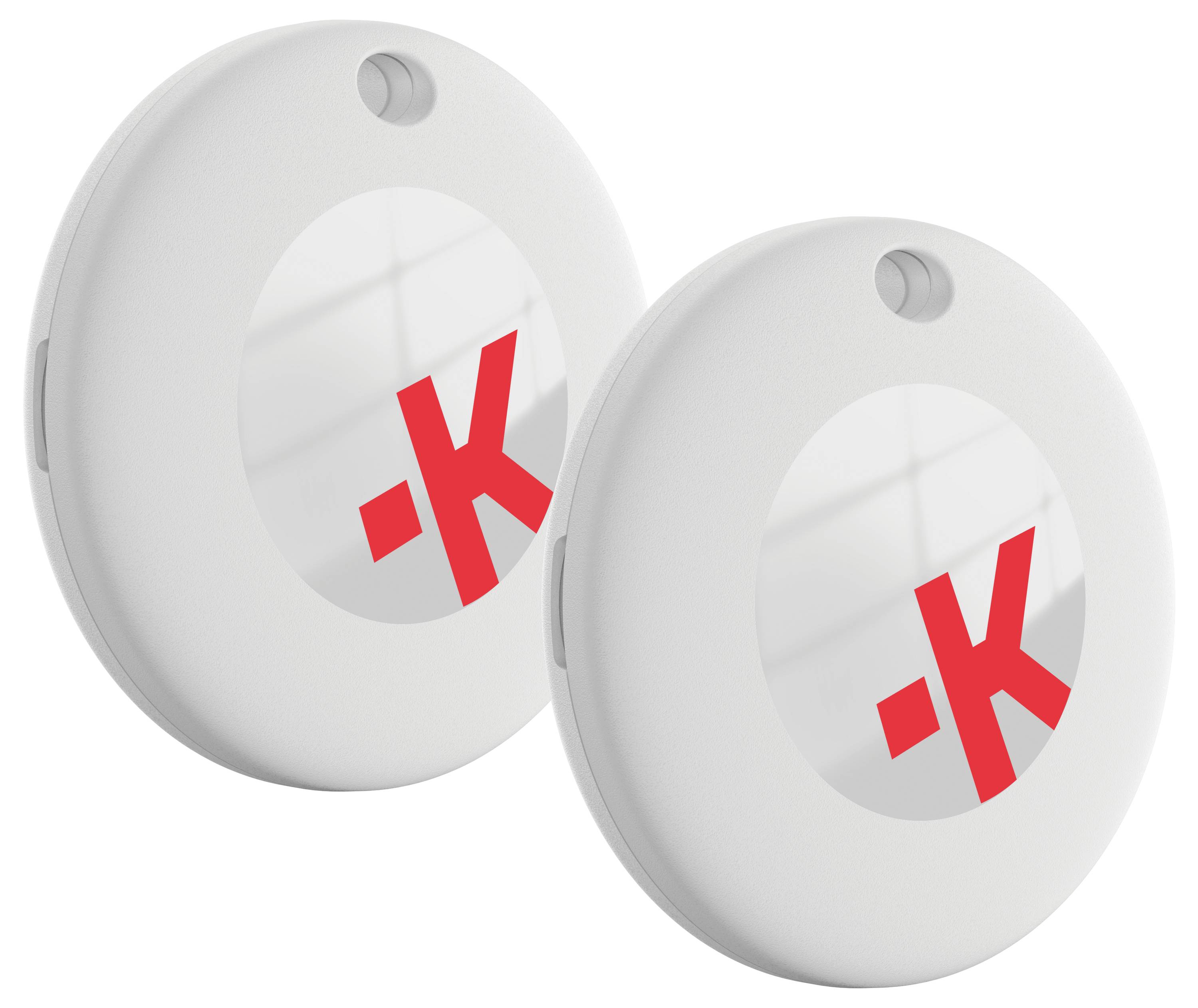 Twee ronde, witte apparaten met een rood '-K' logo in het midden. Ze hebben een kleine knop aan de bovenkant en zijn identiek vormgegeven.