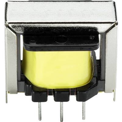 Transformator met een gele kern en een zilveren behuizing, onderaan vier aansluitpennen voor elektrische schakelingen.