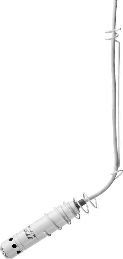 Een wit microfoon met een lang snoer dat verticaal naar beneden hangt.