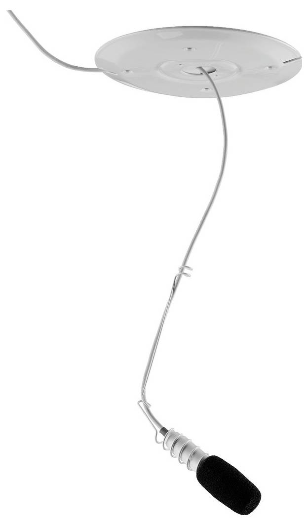 Plafondmicrofoon met flexibel kabel en zwarte schuimstof bescherming. Geschikt voor geluidsopname in vergaderruimtes.