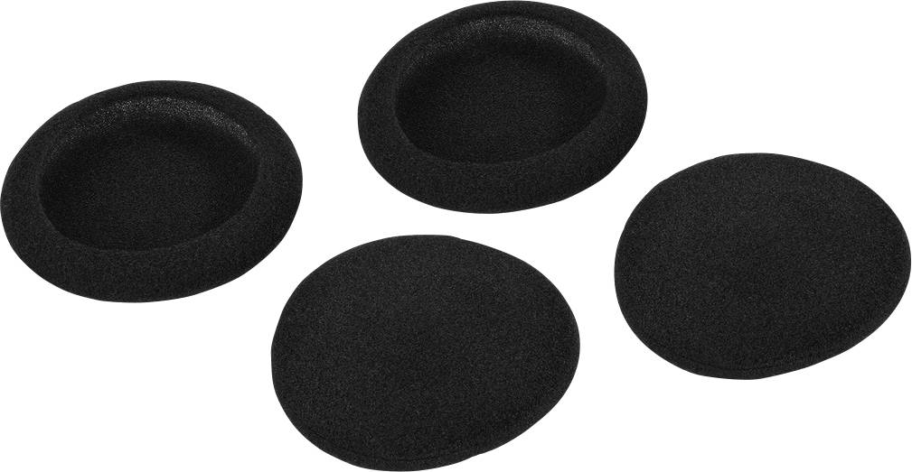 Vier zwarte, ronde schuimstof oordopjes die dienst doen als vervangingsonderdelen voor koptelefoons.