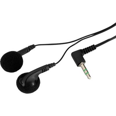 Zwarte oordopjes met 3,5 mm jackplug, op witte achtergrond.
