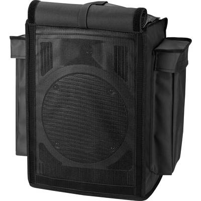 Zwarte, draagbare luidspreker met beschermhoes en zijvakken. Perfect voor buitenevenementen en mobiele muziekweergave.