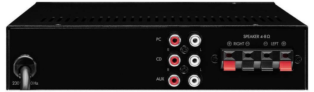 Achterzijde van een audioversterker met aansluitingen voor pc, cd, aux en luidsprekeraansluiting. Stroomkabel links.