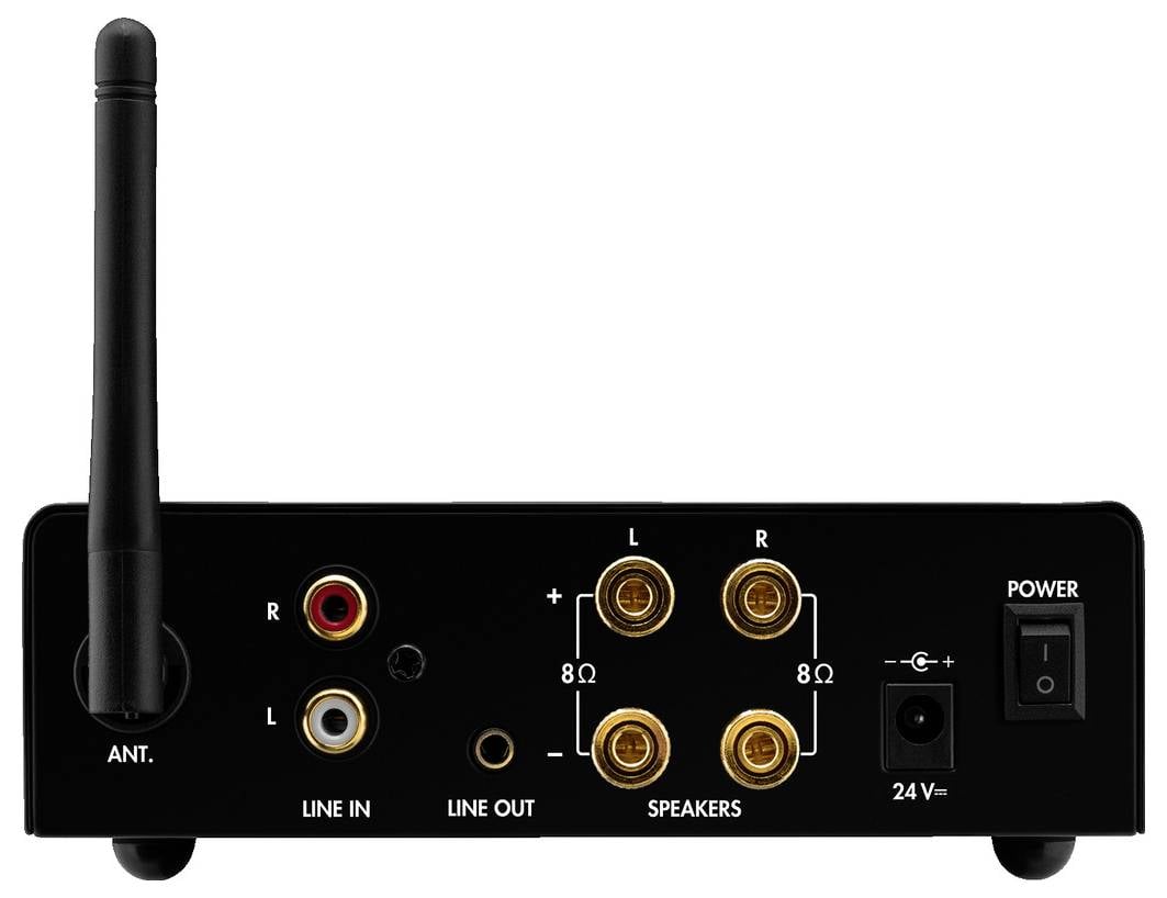 Achterkant van een audioapparaat met antenne, audio-ingang, audio-uitgang, luidsprekeraansluitingen en netschakelaar.