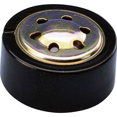 Zwart, rond onderdeel met een metalen bovenkant en meerdere gaten. Zou kunnen gaan om een akoestisch of elektronisch element.