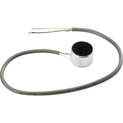 Een kleine, ronde microfoon met twee uitstekende draden, gebruikt in elektronische apparaten voor geluidsopname.