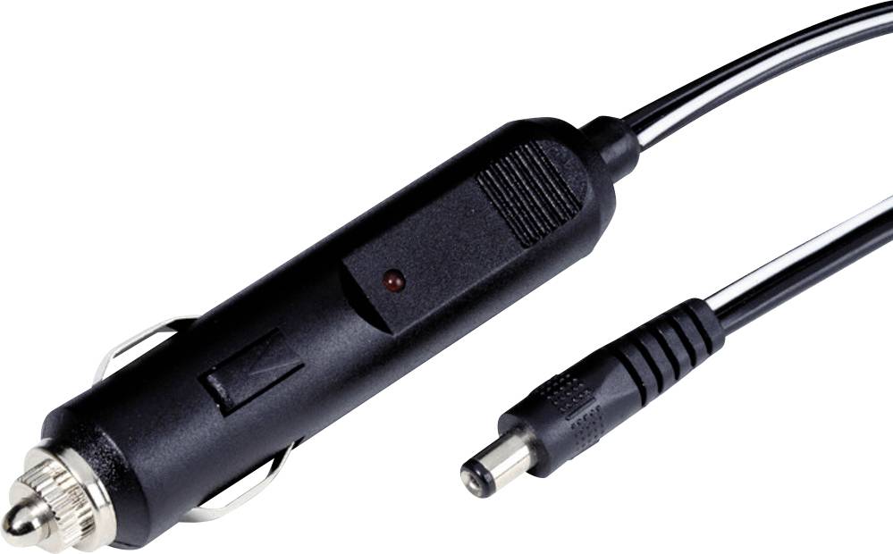 Een zwarte autolader met sigarettenaanstekeraansluiting en een gelijkstroomstekker voor het opladen van elektronische apparaten.