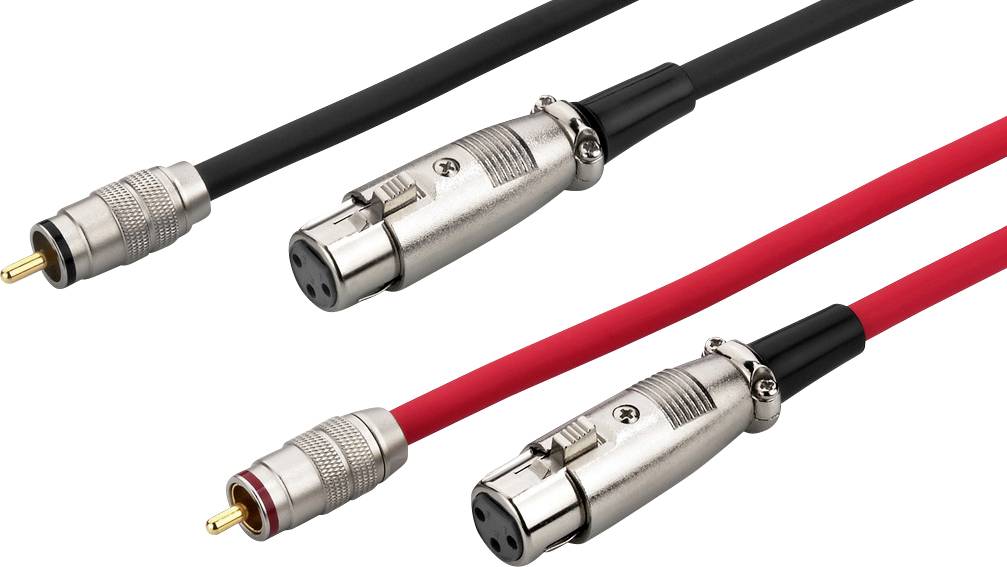 Twee kabels met XLR- en RCA-aansluitingen, één zwart, de andere rood. Ze worden gebruikt voor audioverbindingen tussen apparaten.