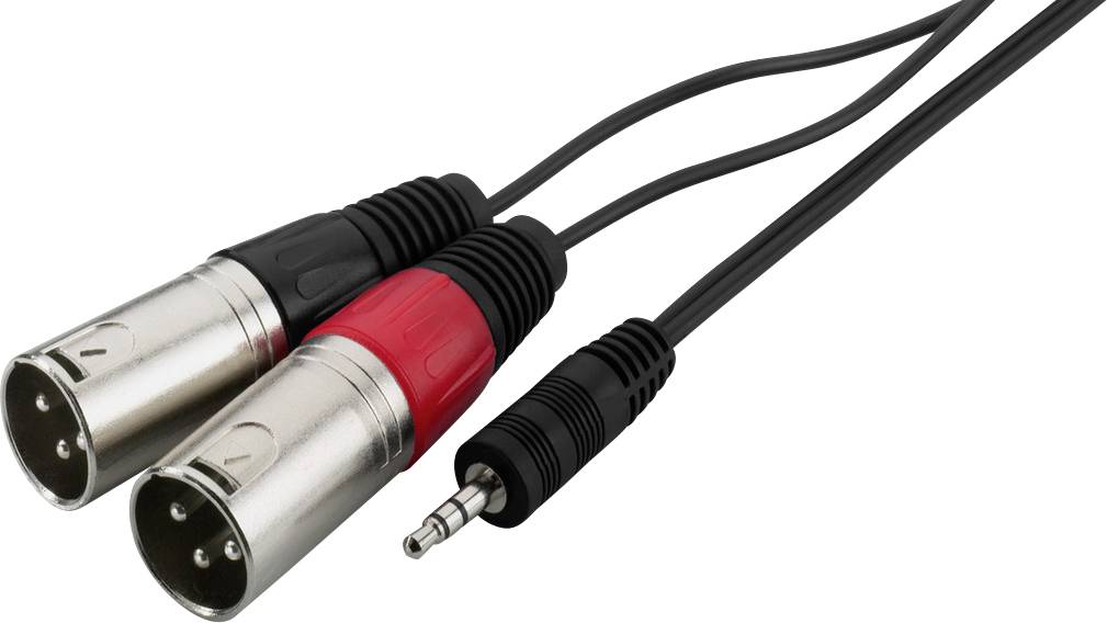 Twee XLR-stekkers in zilver met een zwarte en rode ring, verbonden met een zwarte 3,5-mm-jackplug.
