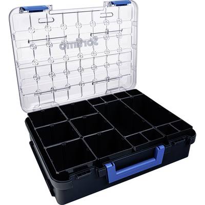 Een zwarte gereedschapskoffer met blauwe handgreep en transparant deksel. Aan de binnenkant zijn verstelbare vakken zichtbaar. Ideaal voor het opbergen van gereedschap.