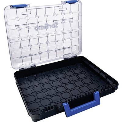 Open zwarte assortimentsdoos met transparante deksel en blauwe handgreep, geschikt voor het opbergen van kleine onderdelen.