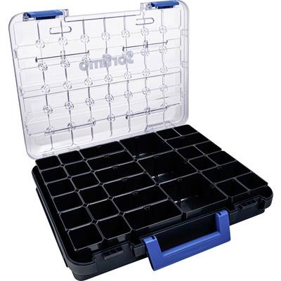 Een geopende sorteerbox met een transparante deksel en een blauwe handgreep. Bevat meerdere zwarte vakken voor opslag.