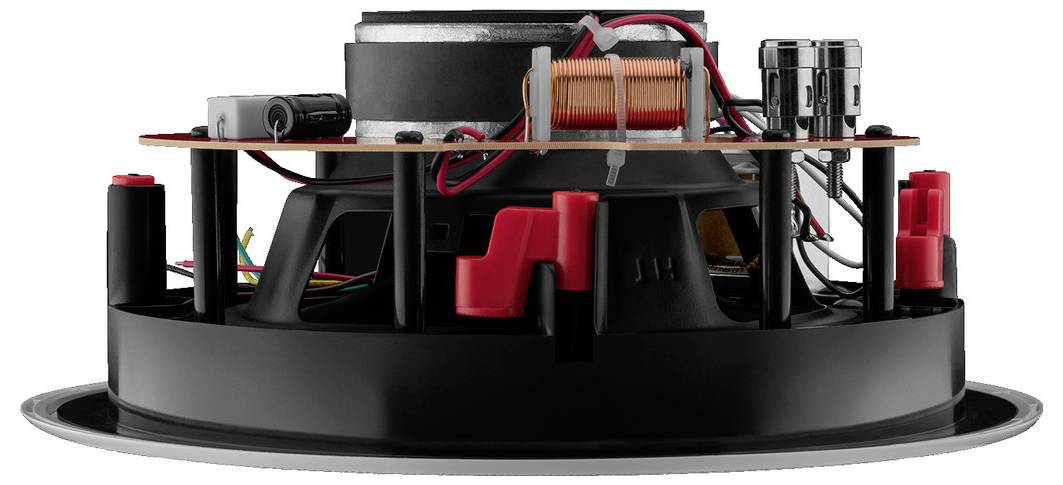 Zijaanzicht van een ronde luidspreker met zichtbare kabels, spoelen en aansluitingen, ingebouwd in een zwarte behuizing.