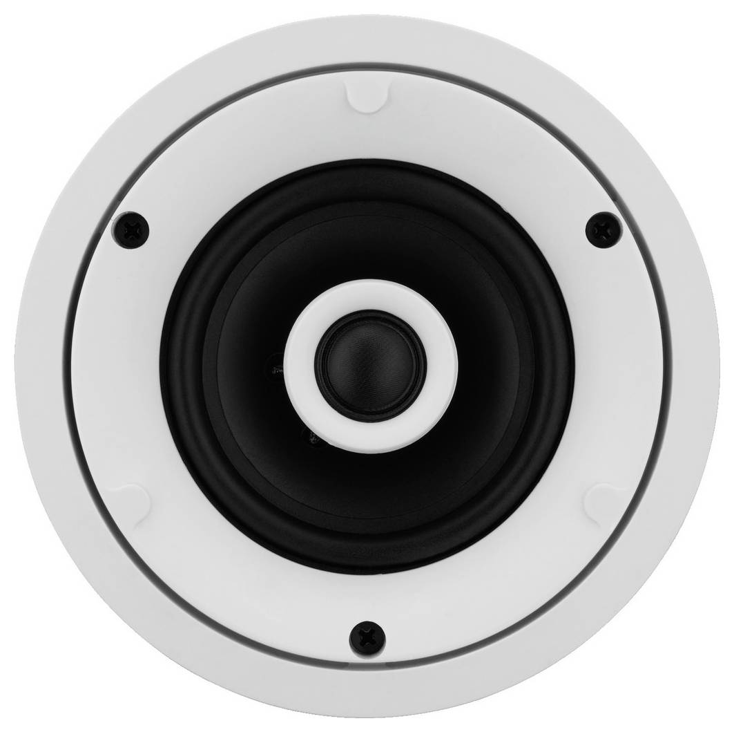 Rond, wit luidsprekerhuis met zwarte luidspreker in het midden, bekeken van bovenaf.