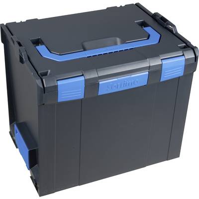 Zwarte gereedschapskist met blauwe handgreep en sluitingen.