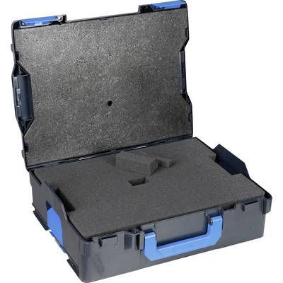 Zwarte gereedschapskoffer met schuimstof-binnenvoering en een blauwe handgreep, geopend om de opbergruimte voor gereedschappen of uitrusting te tonen.