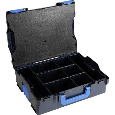 Een geopende zwarte kunststof koffer met blauwe handvaten en twaalf vierkante vakjes voor het opbergen van kleine voorwerpen.