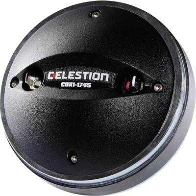Rond, zwart audiotoestelletje met de witte tekst 'Celestion CDX1-1745' in het midden. Schroeven zichtbaar aan de randen.