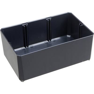 Een rechthoekige, zwarte plastic container met een open bovenkant en vier binnenste scheidingswanden.