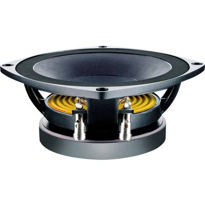 Een open luidspreker met een zwart frame en een gele membraan. Aansluitklemmen en de structuur van de membraan zijn zichtbaar.