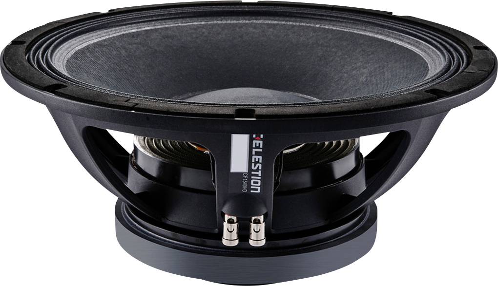 Een zwarte luidspreker met een brede kegel en zichtbare aansluitingen aan de onderkant, gemarkeerd met 'Celestion'.